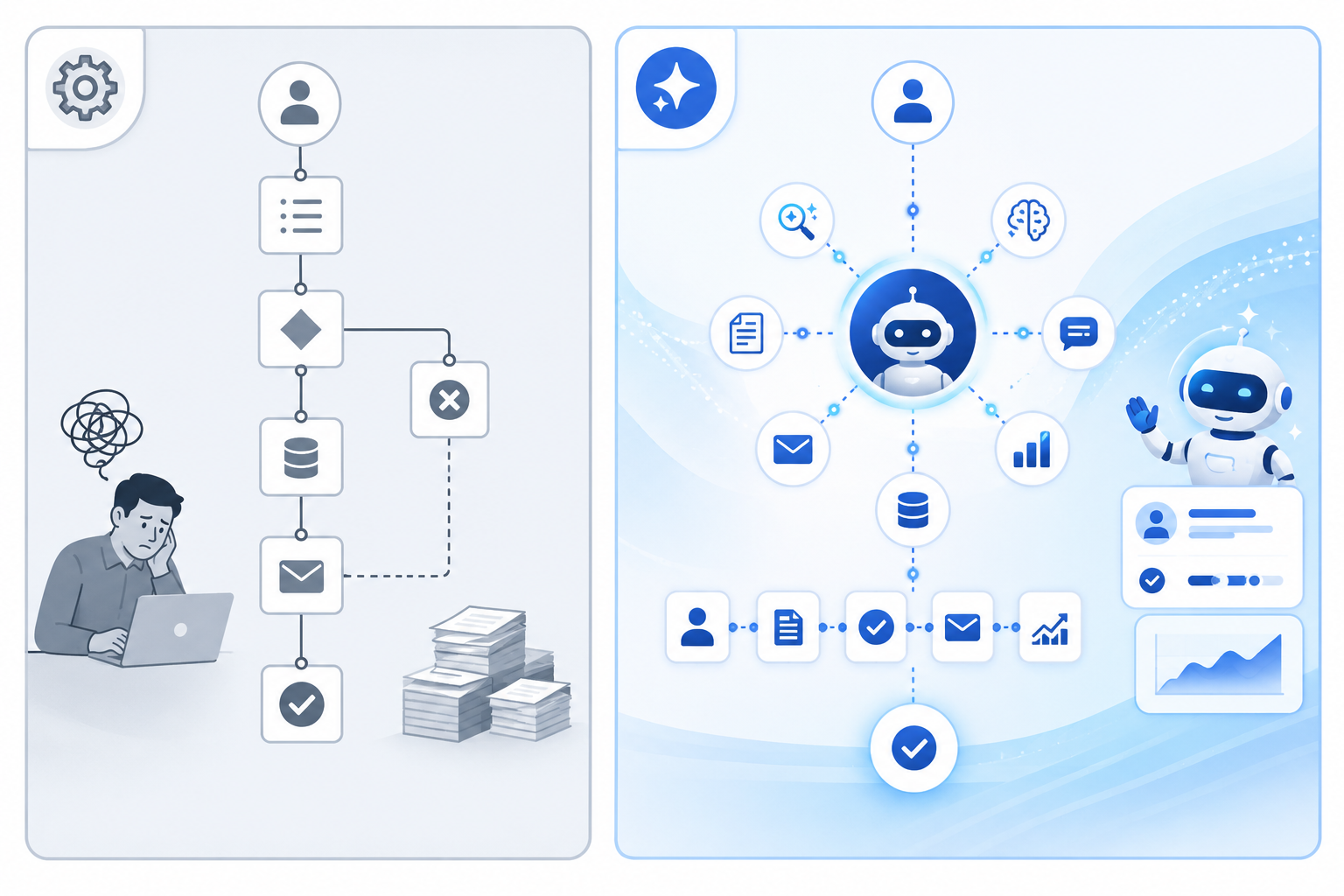 Traditional Salesforce automation versus Agentforce AI agents comparison diagram